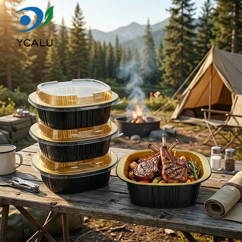 டிஸ்போசபிள் பைனரல் சதுர பெட்டி கருப்பு தங்க அலுமினிய ஃபாயில் கொள்கலன்கள்