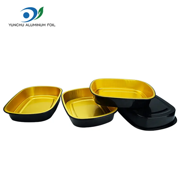 செலவழிப்பு கருப்பு தங்க பேக்கிங் ட்ரே செவ்வக அலுமினியத் தகடு கொள்கலன்கள்
