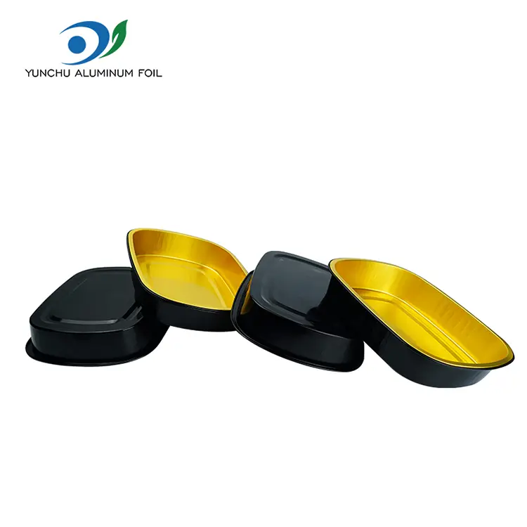 செலவழிப்பு கருப்பு தங்க பேக்கிங் ட்ரே செவ்வக அலுமினியத் தகடு கொள்கலன்கள்