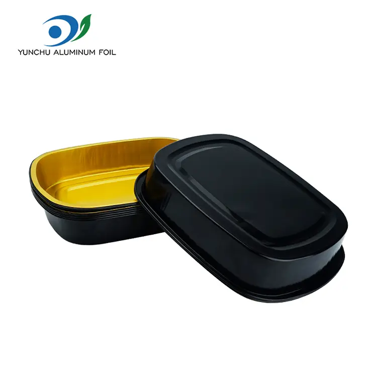 செலவழிப்பு கருப்பு தங்க பேக்கிங் ட்ரே செவ்வக அலுமினியத் தகடு கொள்கலன்கள்