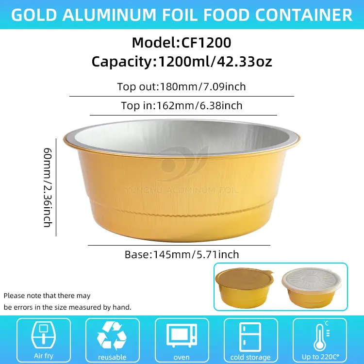செலவழிப்பு தங்க சுற்று அலுமினியத் தகடு கொள்கலன்கள்