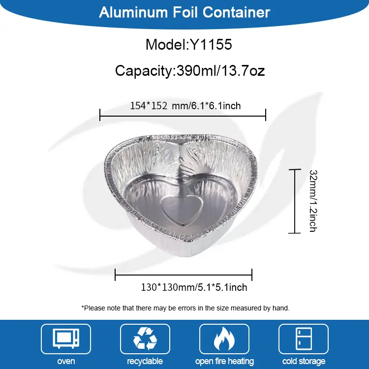இதய வடிவிலான டேக்அவே கேக் சில்வர் அலுமினியத் தகடு கொள்கலன்கள்