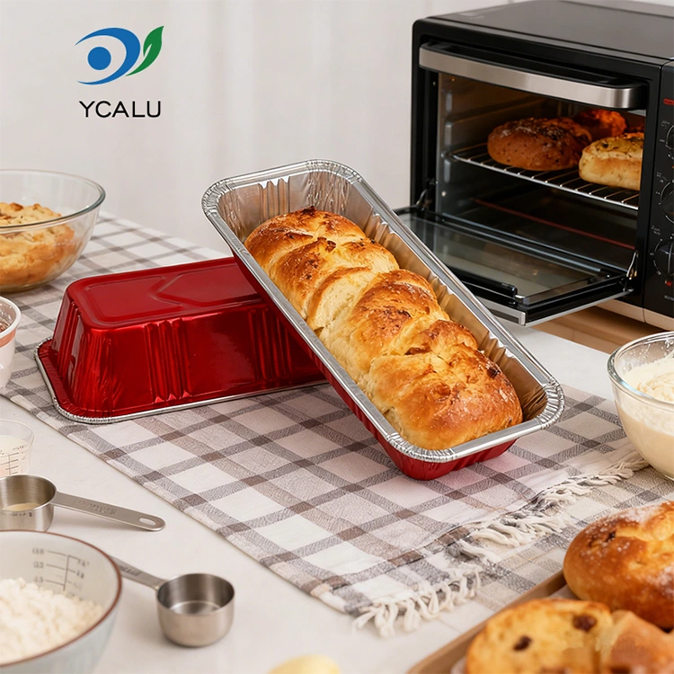 செவ்வக சிவப்பு பேக்கரி கேட்டரிங் சில்வர் அலுமினிய ஃபாயில் கொள்கலன்கள்